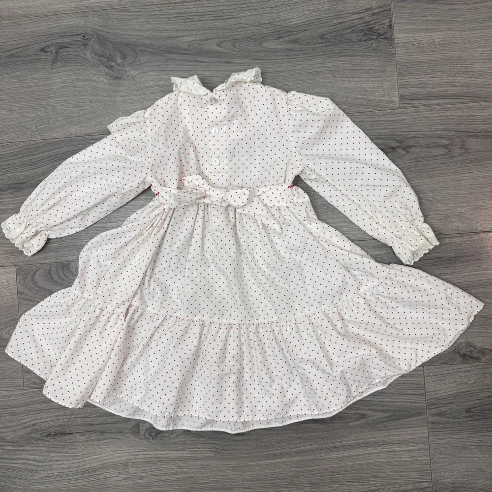 Vintage Polly Flinders Hand‑Smocked Heart Polka Dot Dress White/Red Kids Size 4